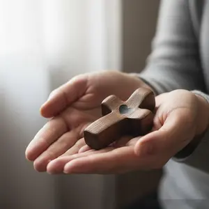 Handcrafted Hand Carved Walnut Wood Pocket Cross - Religious Gift for Easter, Church Decor and Prayer