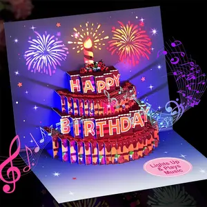 Birthday Cards, Light and Music Birthday Cake Happy Birthday Card, 3D Pop Up Birthday Gift Greeting Card for Son Daughter Boys Girls Kids
