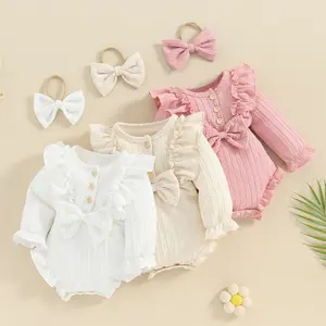 Newborn Infant Baby Girls Ruffle Romper Solid Color Long Sleeve Button Onesie Bodysuit with Headband Outfits