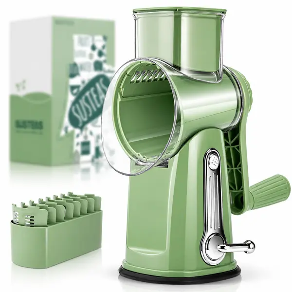 SUSTEAS Rotary Cheese Grater with 5 Interchangeable Blades, Manual Vegetable Slicer for Cheese, Potato, Carrot & Cucumber