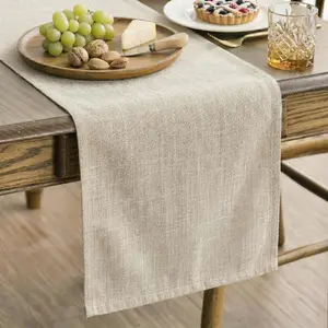 Linen Look Table Runner, 13 x 84 Inch Double Layer-Stitched Table Banner Washable Rustic Farmhouse Neutral Table Decoration for  Kitchen Party Daily Use Beige