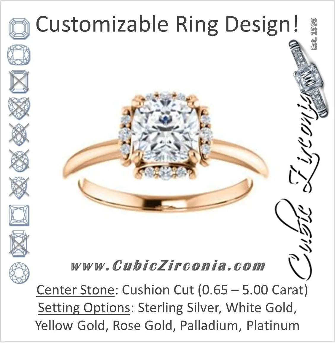 Cubic Zirconia Engagement Ring- The Tiara Rose (Customizable Cushion Cut Design with Thin Band & Semi-Halo)