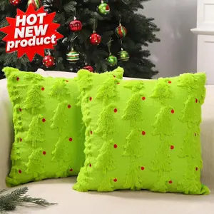 2PCS Christmas Pillow Covers Green Xmas Tree Red Ball Winter Soft Plush Faux Fur Jacquard Couch Cushion Case Holiday Farmhouse for Sofa Home Decor 18 x 18 Inch