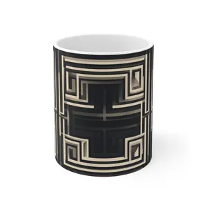 Geometric Maze Mug 11oz, Intricate Pattern Coffee Cup, Modern Classic Home Decor, 3D Effect Tea Mug, Beige Black Geometric Design, Ceramic Drinkware