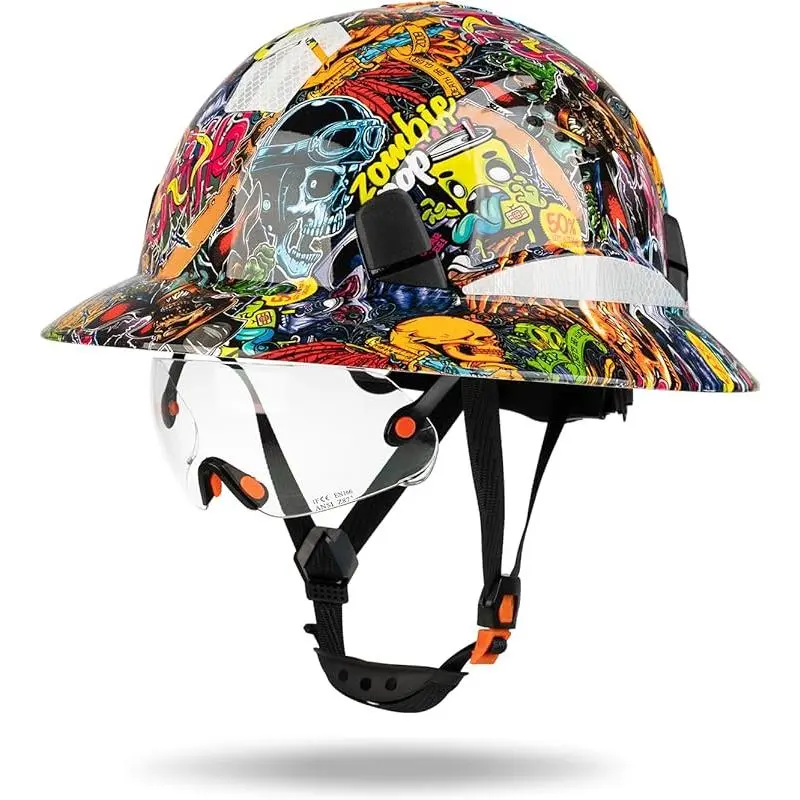 Full Brim Construction Hard Hat, Adjustable Face Shield, 1.8 lbs Lightweight Ventilated Design, 6-Point Ratchet Suspension, Reflective Hi-Viz Trim, Impact Shockproof, 1 Size Fits All (53-62cm)