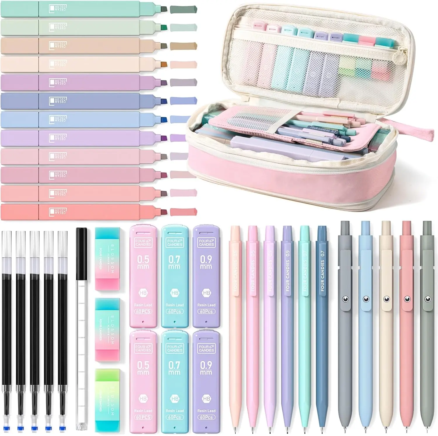 FourCandies 39PCS Aesthetic School Supplies: 6 Mechanical Pencils , 5 Gel Pens, 12 Highlighters, Cute Girly Stationery for Exam Writing & Drawing, fun desk supplies Stationery, Essentials for College & Nursing Students, Perfect for Back to School