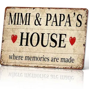 Mimi & Papa's House Where Memories Are Made 12x8 Inch Aluminum Metal Sign - Rustic Family Wall Decor for Home, Porch, Living Room - Retro Tin Sign Gift for Grandparents, Parents