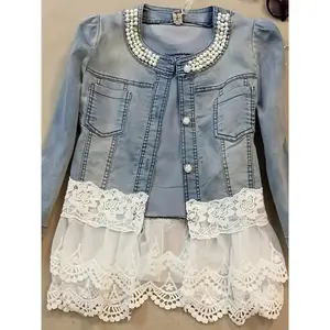 Women's Casual Jacket, Lace Floral Pattern, Exquisite Buttons, Daily Fashion Beaded Denim Jacket, Perfect for Spring and Autumn Seasons Cotton Womenswear