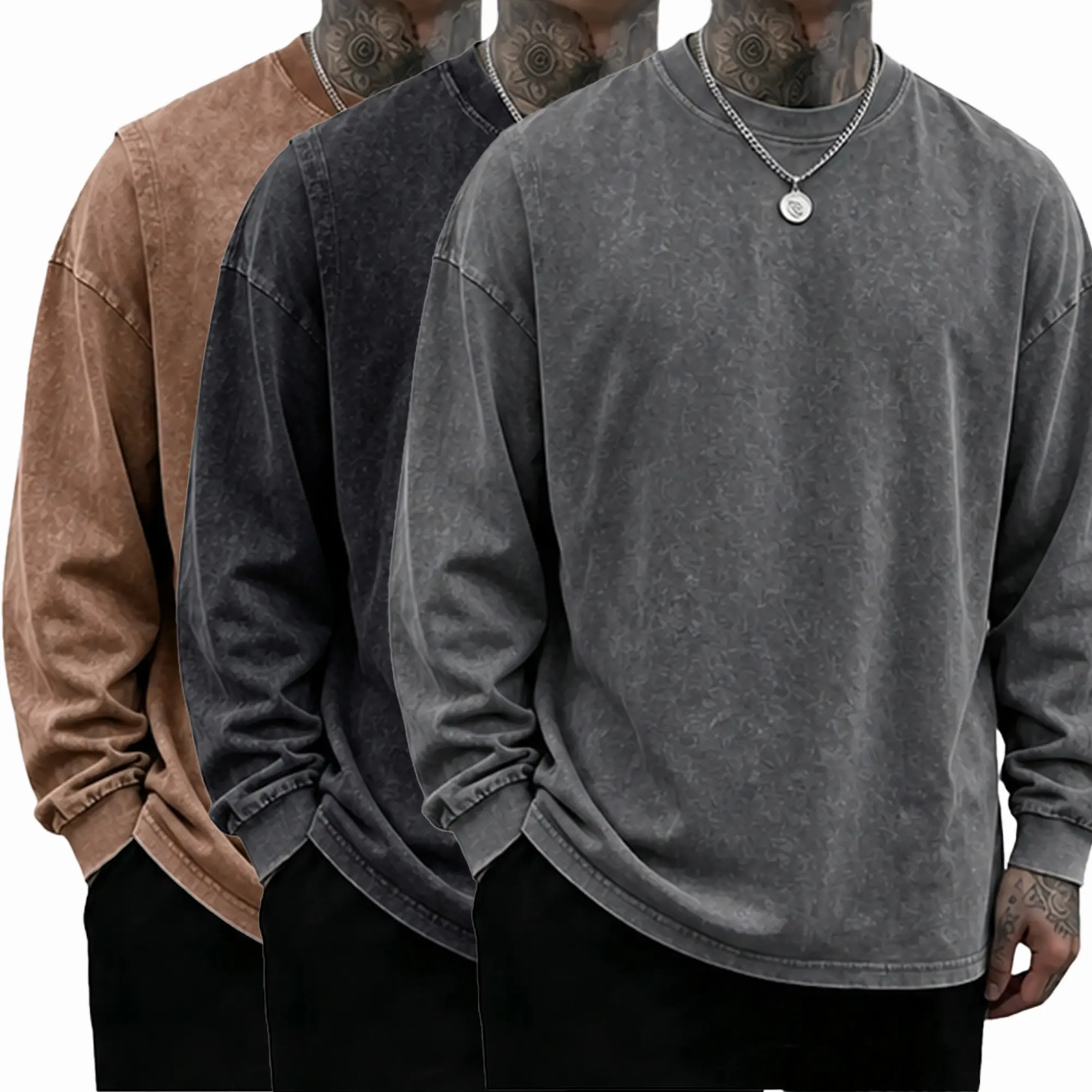 Men’s—washed, distressed cotton long-sleeve crewneck sweatshirt, athletic sweatshirt, crewneck long sleeves, back-to-school season, back-to-school shopping, washed finish tshirts unisex gym vintage   Oversized wrinkle-resistant fabric