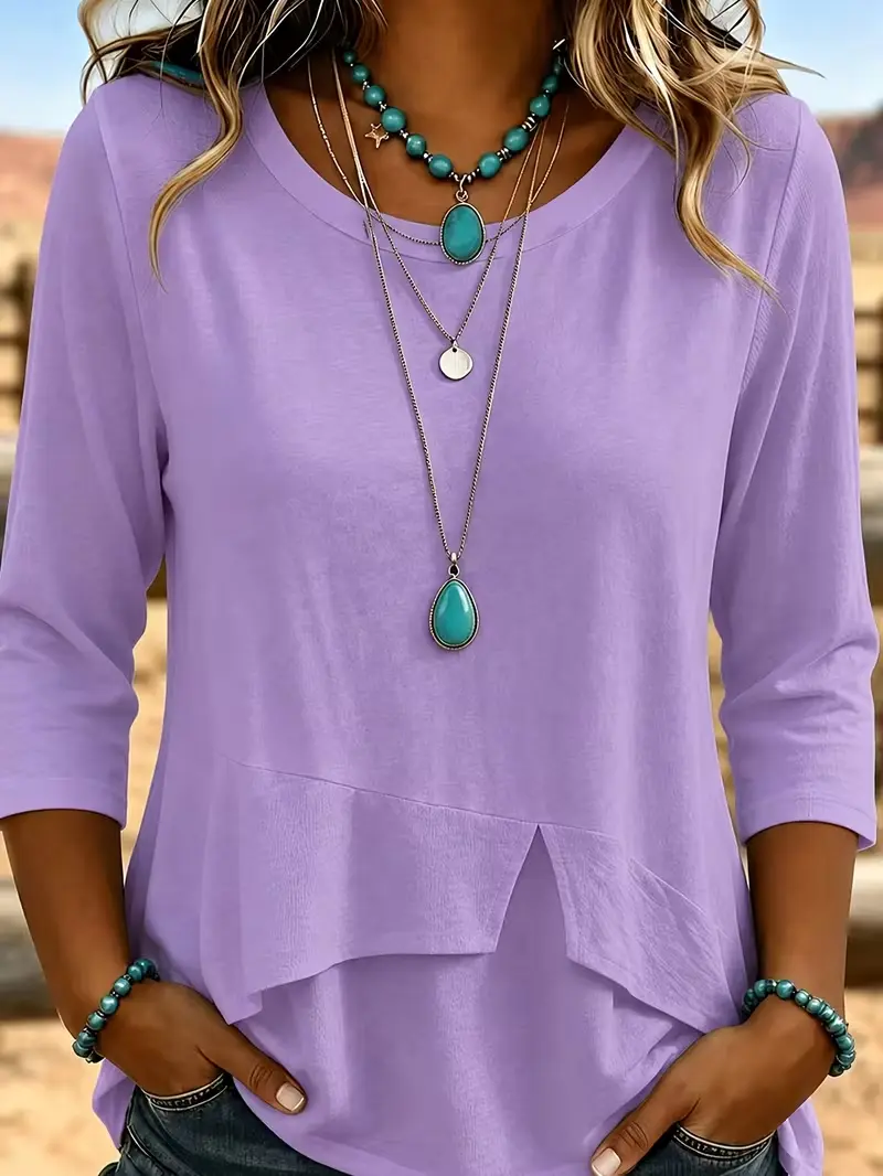 Women's elegant round neck fabric symmetrical hem design 3/4 sleeve T-shirt