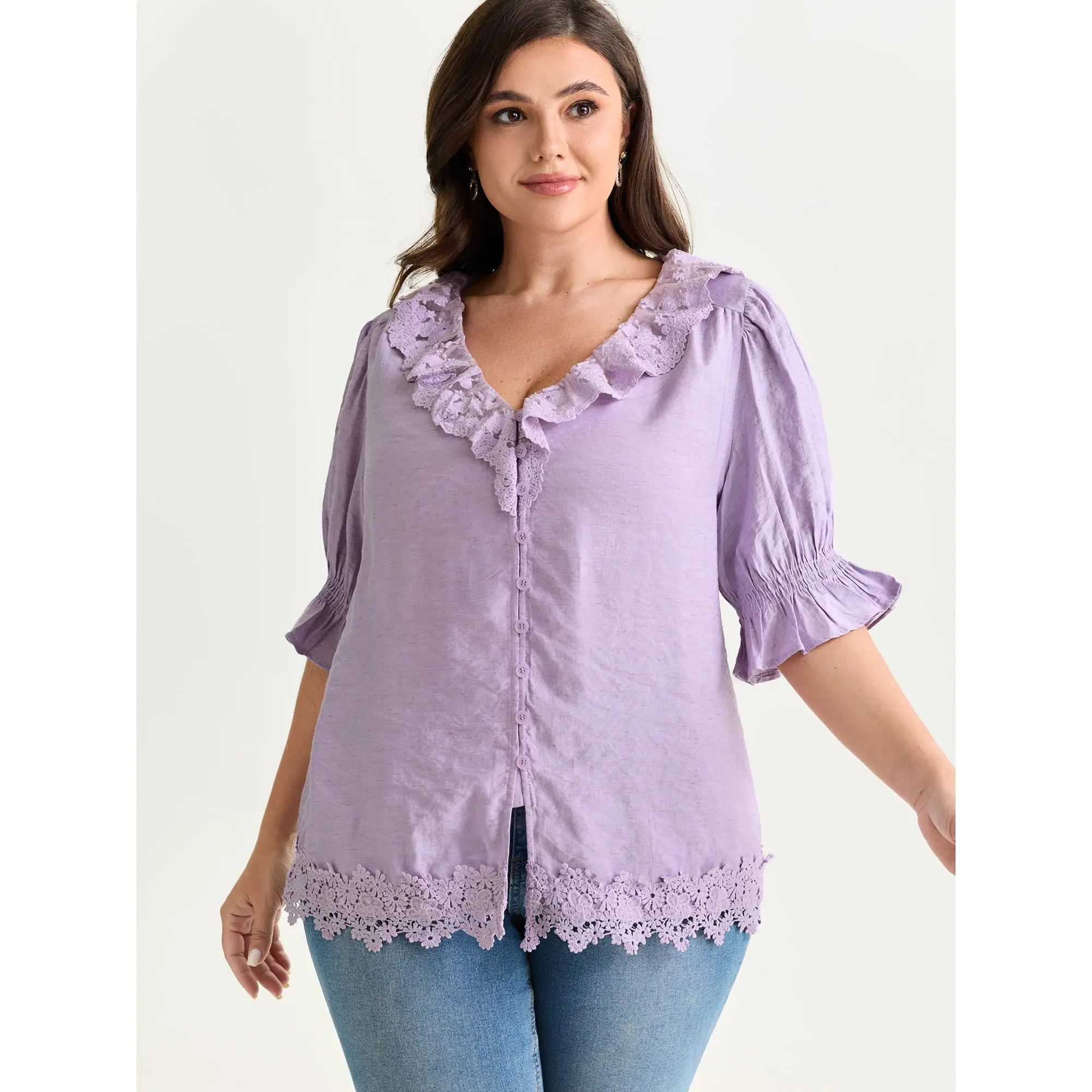 BloomChic Women's Plus Size Romantic Smooth Blouse - Comfy Casual Button-Down Garment, Heather Linen-Rayon-Nylon Blend, Ruffled Lacy Neckline, Short Lantern Sleeves, Cropped Cut, Slight Wrinkles, Hand Wash Only, Happy Curves