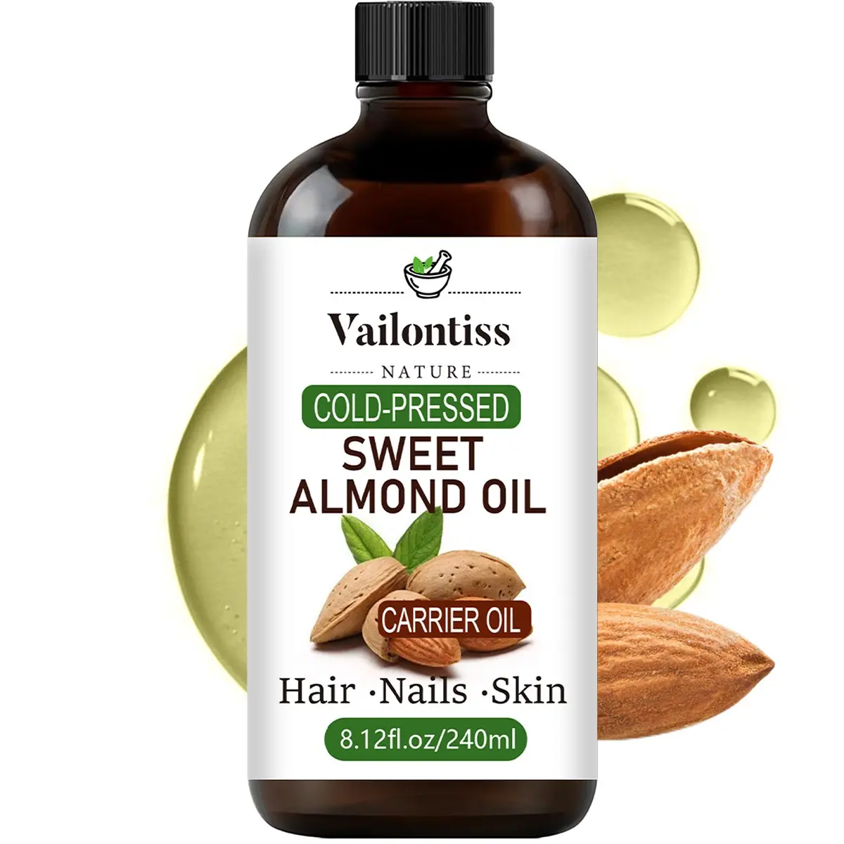 Sweet Almond Oil 240ML, Lightweight Base Oil Carrier Oil, Nourishing Oil, Body Care, Body Oils, Suitable for Face Skincare Moisturizing, Gentle Makeup Remover and Massage Oil