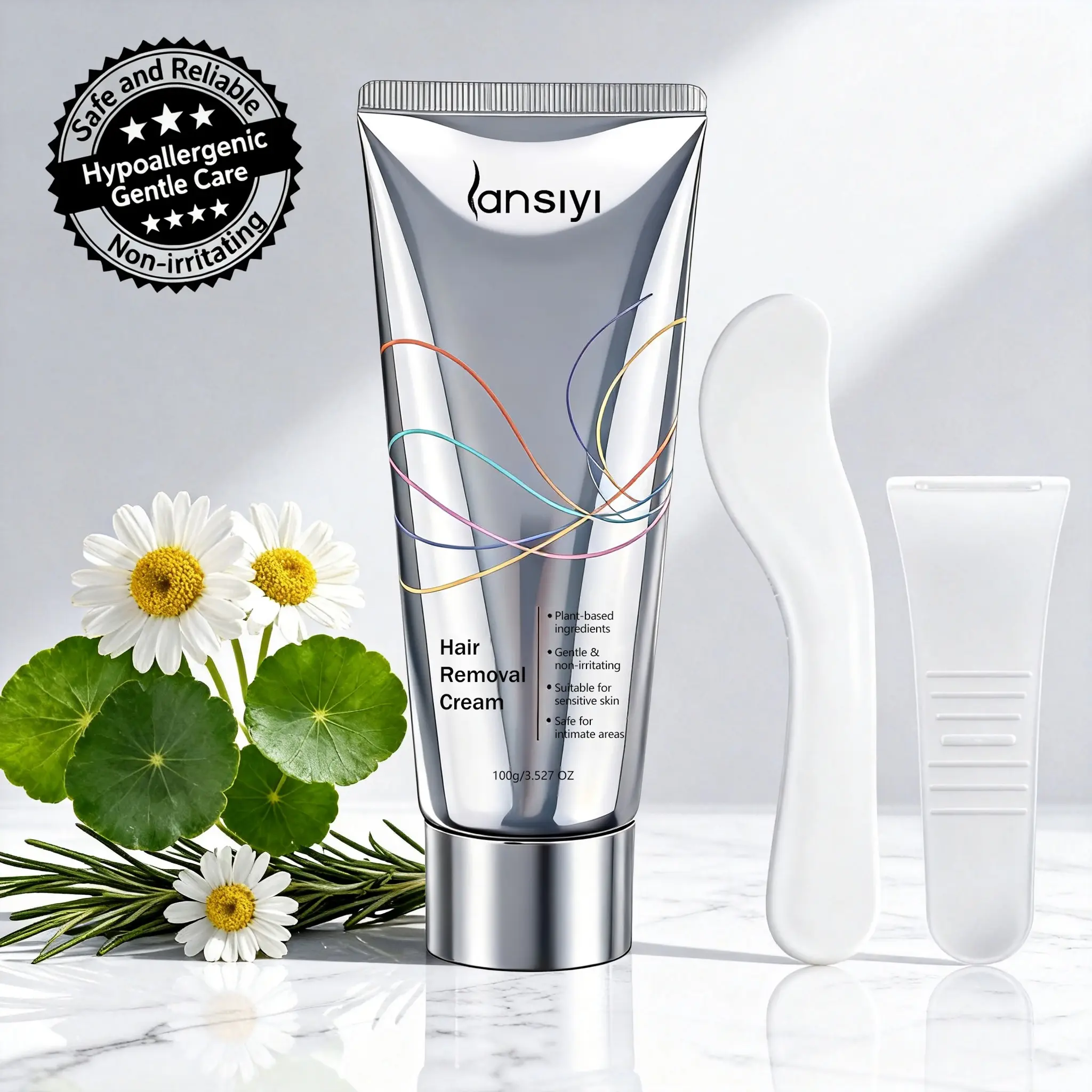 Lansiyi Hypoallergenic Painless Hair Remover Cream for Men Women Soothing Repair Depilatory Cream Mild Fast Working Body Hair Removal Cream All Skin Types 100g