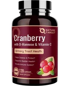 NATURE TARGET Cranberry Pills with D-Mannose for Women - Super Strength 80:1 Extract - Cranberry Supplement 16800 mg with Vitamin C, Supports Urinary Tract Health, Bladder Control, 120 Veggie Capsules