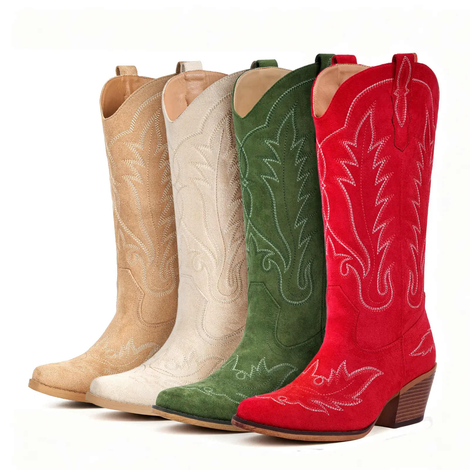 FIORALIE Suede Cowgirl Boots for women - Mid Calf women Cowboy Boots,Embroidered Chunky Heel Pointed Toe Comfortable  Western Boots for Country Concert outfits, Party & Daily Wear  Botas Vaqueras para Mujer