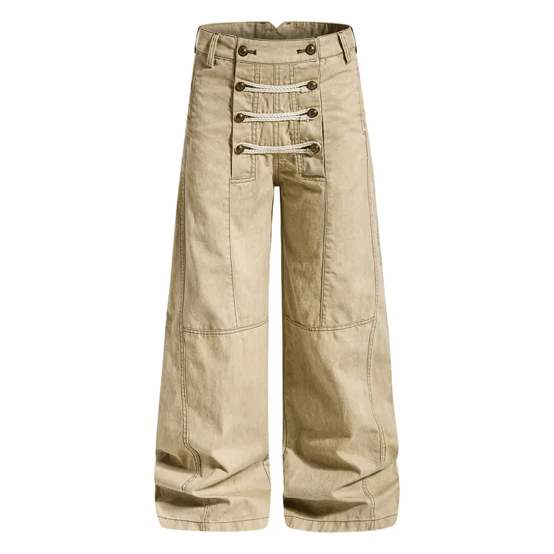 Inflation Men's 100% Cotton Vintage Y2K High-Waist Wide-Leg Oversized Denim Bottoms - Nautical Rope Button Trousers, Retro Streetwear for Spring Summer 2026, Bottom