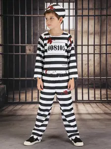 Kids Halloween Prisoner Costume Set, Fitted Tee, Long Pants, Hat, All over Print, Party Style, All Seasons, Natural Waist, Short Sleeve