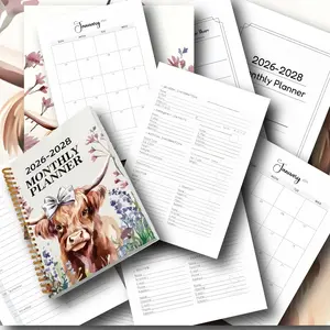 Style High Mountain Cow Monthly Planner Notebook 2026-2028, Elegant Coil Binding Schedule Book, Perfect Gift for Girls