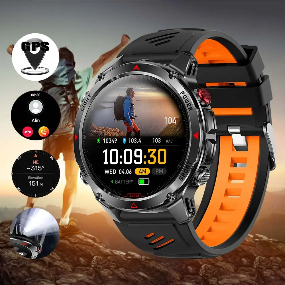 GPS Smartwatch 1.46 Inch HD Screen Outdoor Sports Watch Health Fitness Smartwatch Wireless Call Function 100+ Sport Modes Counter Weather Alarm LED Flashlight Compass Gift for Men Women