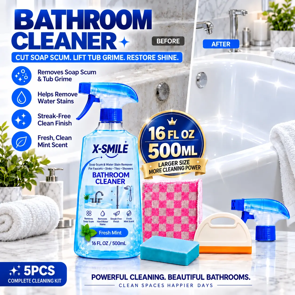 X-SMILE Bathroom Cleaner 16 FL OZ / 500 mL, Soap Scum & Hard Water Stain Remover for Shower Glass, Bathtub, Tile, Sink & Faucet, 5-Piece Cleaning Kit