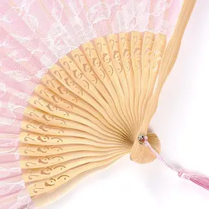 Lace Handheld Chinese Folding Fan Bamboo Silk Folding Fan for Women Wedding Decoration Dancing Party,Pink