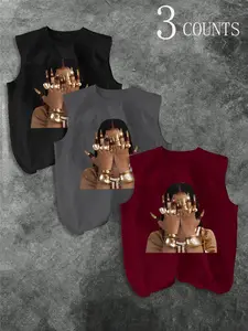 Men's Three-Piece Trendy Casual Sleeveless Vest Set, Face-Wiping Woman Graphic Print, Perfect for Summer, Vacation, Friend Gatherings