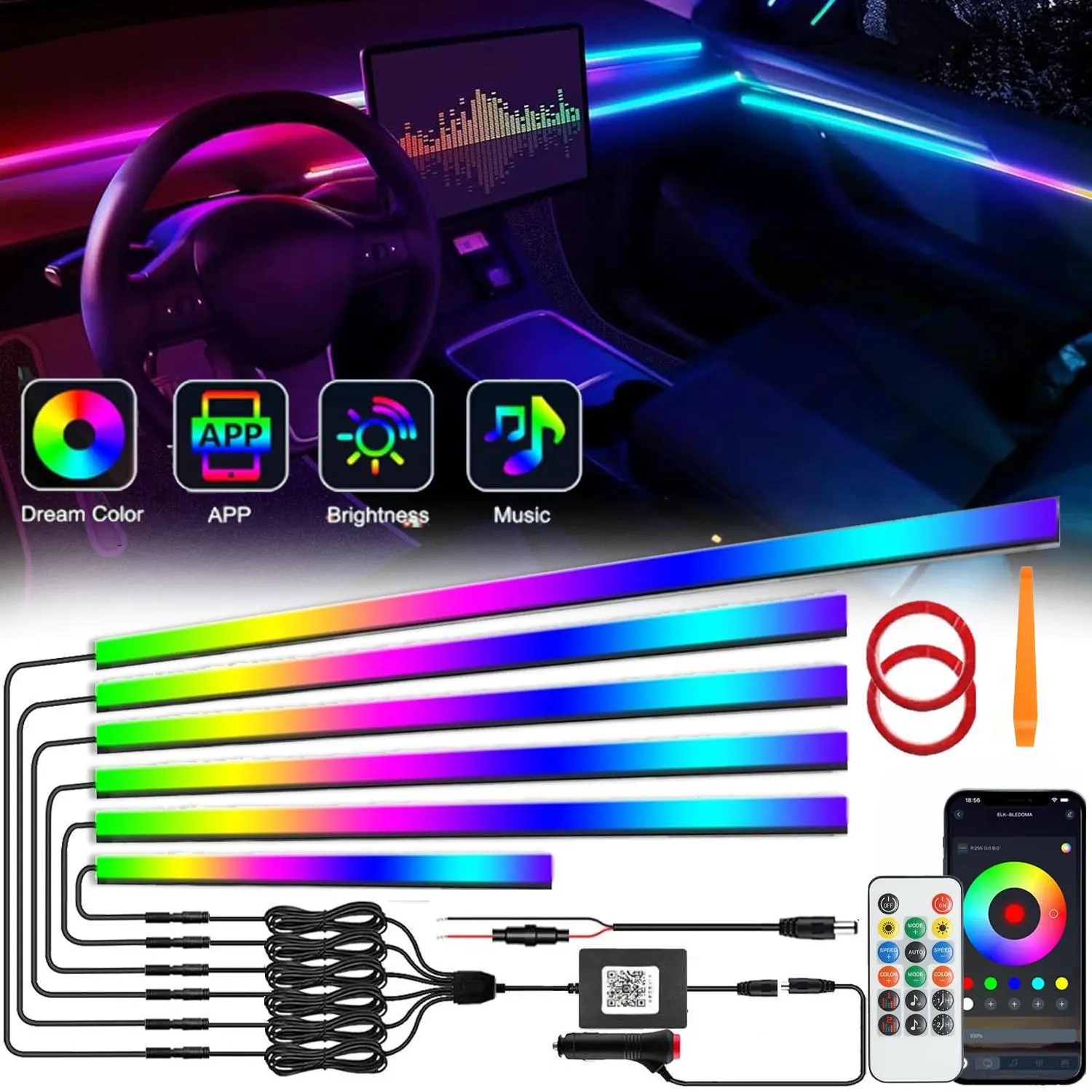 Acrylic Interior Car LED Lights with Remote and Wireless APP,Ambient Lighting Kits Fiber Optic Strip LEDs,16 Million Colors Music&DIY Function