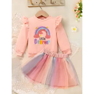 Girl Newborn 2-Piece Rainbow Gift Set - Long Sleeve Letter Embroidery Going Out Top, Tutu Skirt, Lala Baby Shower Gift, Rash Guard, Going Out Tops