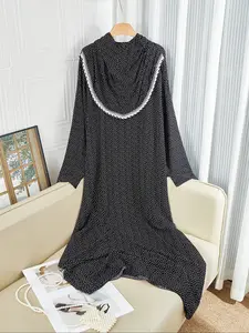 Women's Ditsy Floral Print Contrast Lace Hooded Abaya, Loose Abayas, Modesty Abaya, Modest Long Sleeve Maxi Muslim Clothing, Islamic Clothing for Women, Modest Muslim Outfits