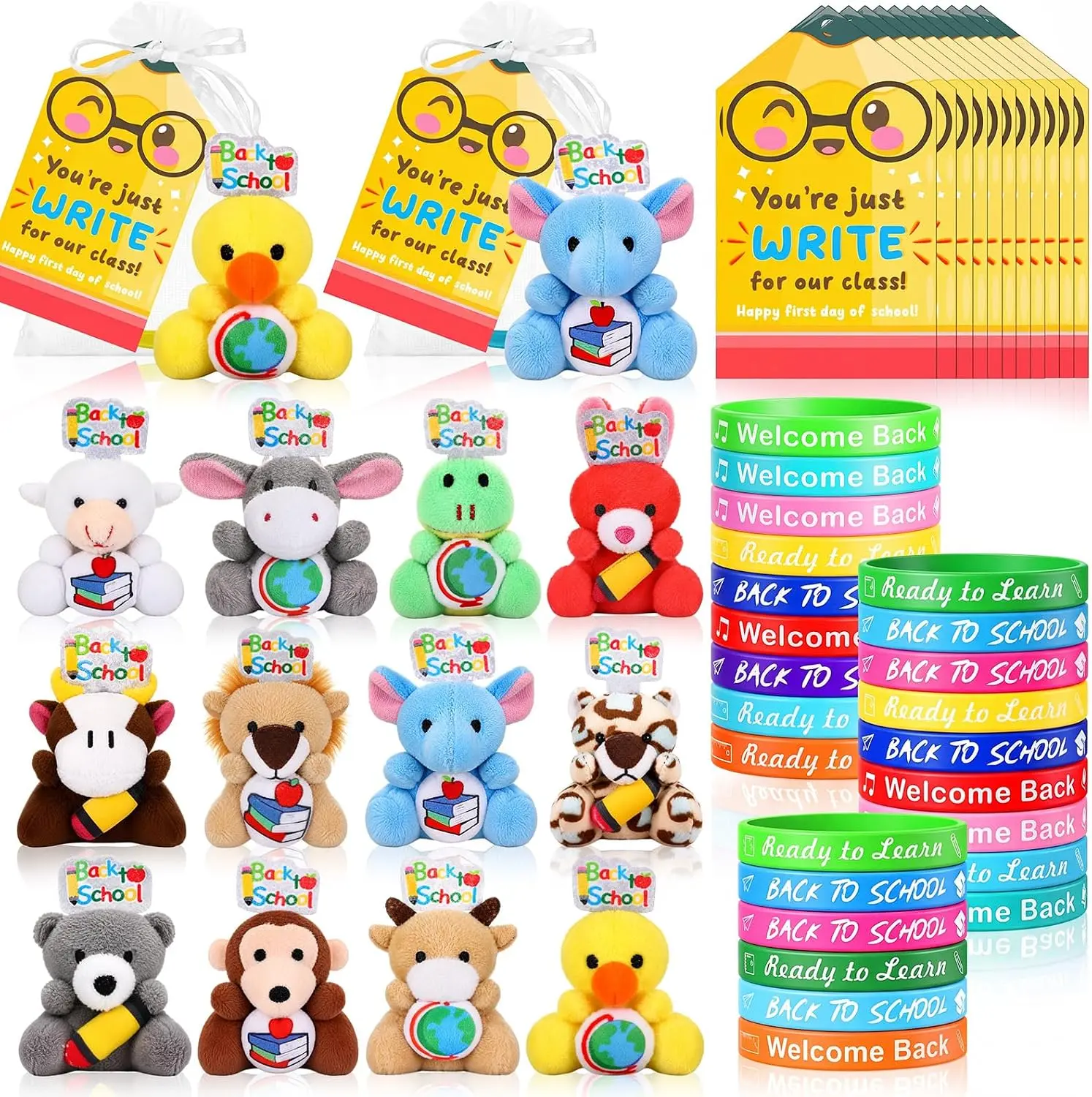 12-Set Back to School Stuffed Animal Gift Sets for Students, Including Silicone Bracelets, Pencil Cards, Bags – Classroom Exchange Gifts, Party Favors, Goodie Bag Fillers