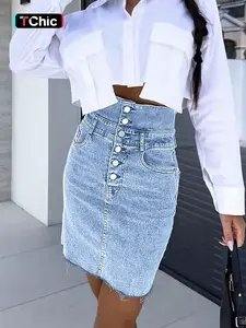 Women's High-Waisted A-Line Denim Skirt, Elegant Button Fly Design, Slim-Fitting Knee-Length Jean Short Dress for Casual Occasions