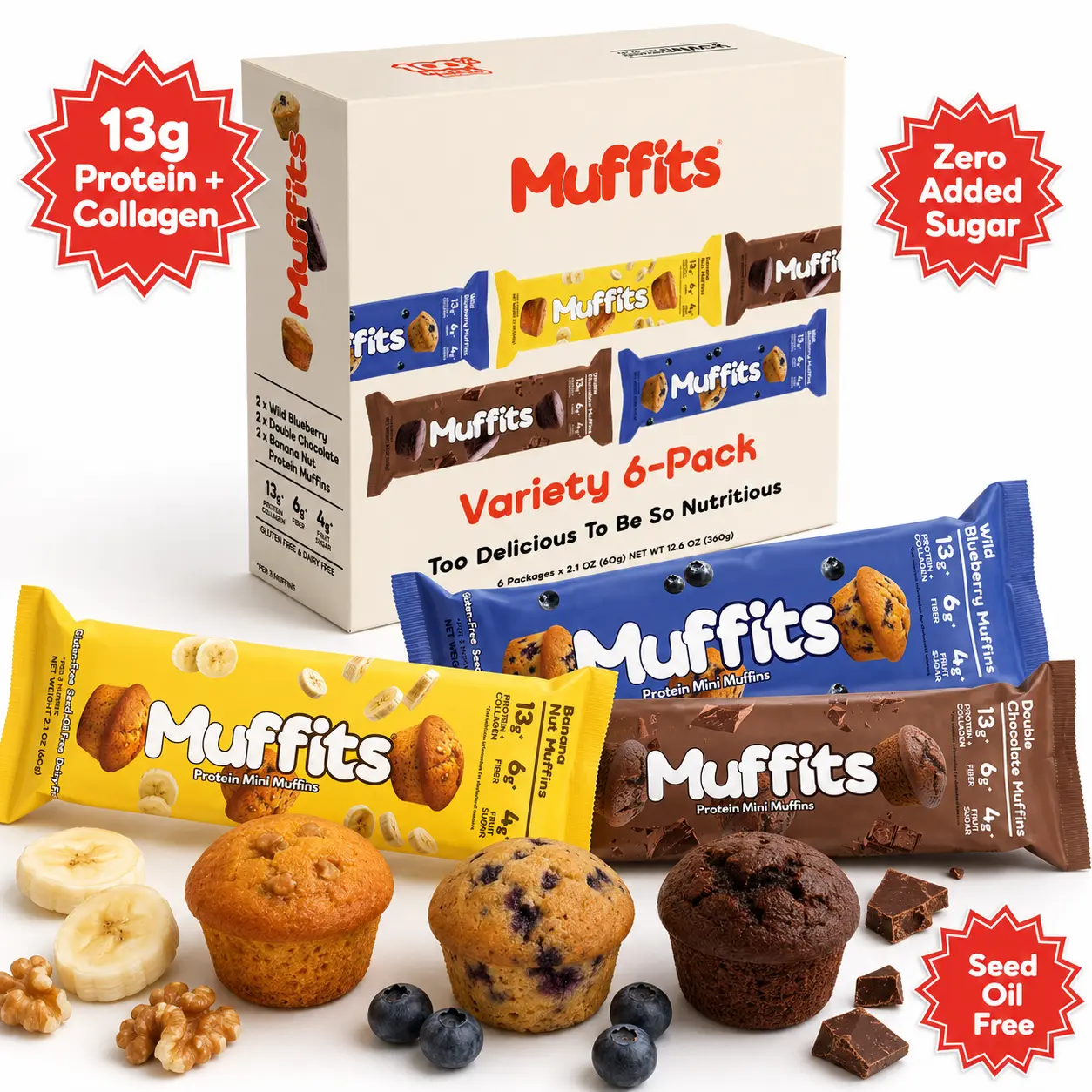 Muffits Variety 6-Pack Protein Mini Muffins - 2 Wild Blueberry, 2 Double Chocolate, 2 Banana Nut Fiber