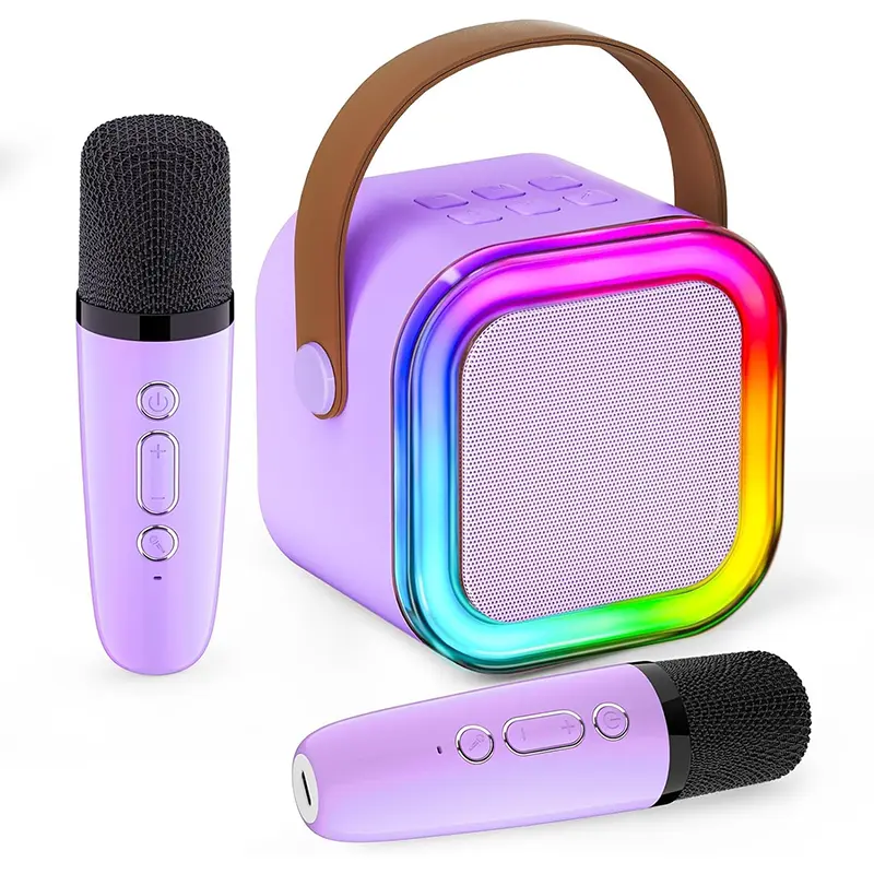 Mini Karaoke Machine for Kids Adults, Portable Speaker with 2 Wireless Microphones, 5 Sound Effects, Remote connect, Neon Colorful Lights, Multifunction, Aged 4,5,6,7,8,9,10,12+, Family Gathering, Birthday Party, Suitable for Boys and Girls