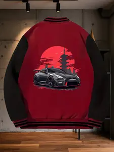 Men's Casual Sports Jacket, Light Stretch Regular Fit, Baseball Collar, Sunset Landscape Gtr Racing Cartoon Print, Button Closure, All Seasons