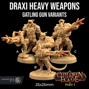 Draxi Heavy Weapons Gatling Gun Flamethrower| The Dragon Trappers Lodge | 32mm Scale | Miniature TTRPG Mini DnD Dungeons Dragons Wargame