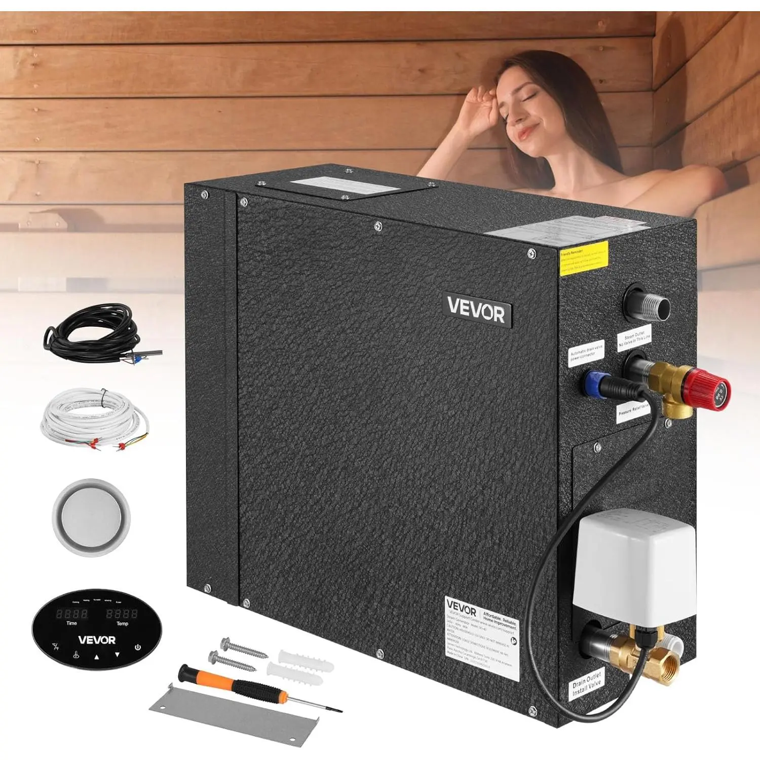 VEVOR Carbon Steel Steam Generator, 4 kW System with Digital Panel Smart Temp & Timer Control, Fast Continuous Steam, Hassle-Free Installation Kit, Sturdy Build, Triple Protection, Auto Drain, 10 Min-24h Efficiency, Compact Black (Home/Commercial Use), Co