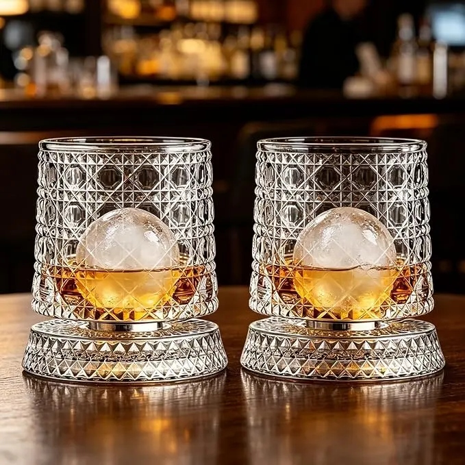 360° Smooth Spinning Clear Lead-Free Whiskey Tumbler, Thickened Ultra Transparent Rotating Glass Cup for Spirits Cocktails Juice, Stress Relief Decompression Cup for Home Bar Party Office Decor & Holiday Gifting