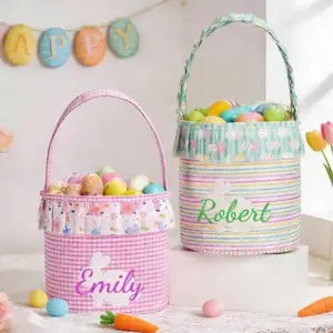 Personalized Easter Basket with Name, Custom Embroidered Floral Design Bunny Storage Bucket, Kids Egg Hunt Bag, Cotton Rabbit Party Tote, Gift Idea