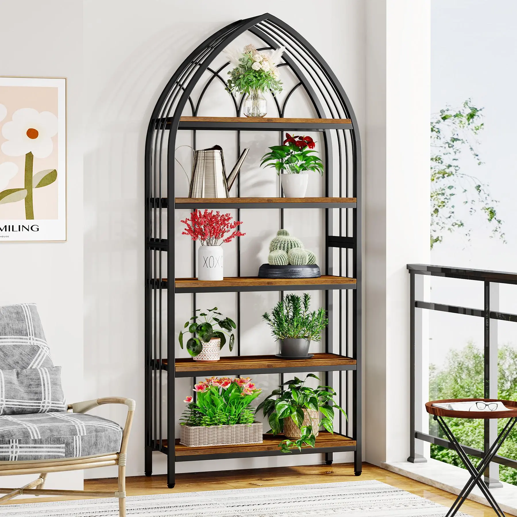 TRIBEWOOD 74.8" Tall Arched 5-Tier Heavy Duty Durable Stable Metal Bookshelf with E1 MDF, Chic Industrial Style, Large Load-Bearing Capacity, Assembly Required, Storage Rack for Living Room, Bedroom