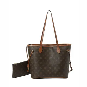 The 2-in-1 Set Structured K Monogram Bag with Detachable Mini Pouch Vintage Print Bag with Contrast Stitching & Leather Accents Work Bags for Women