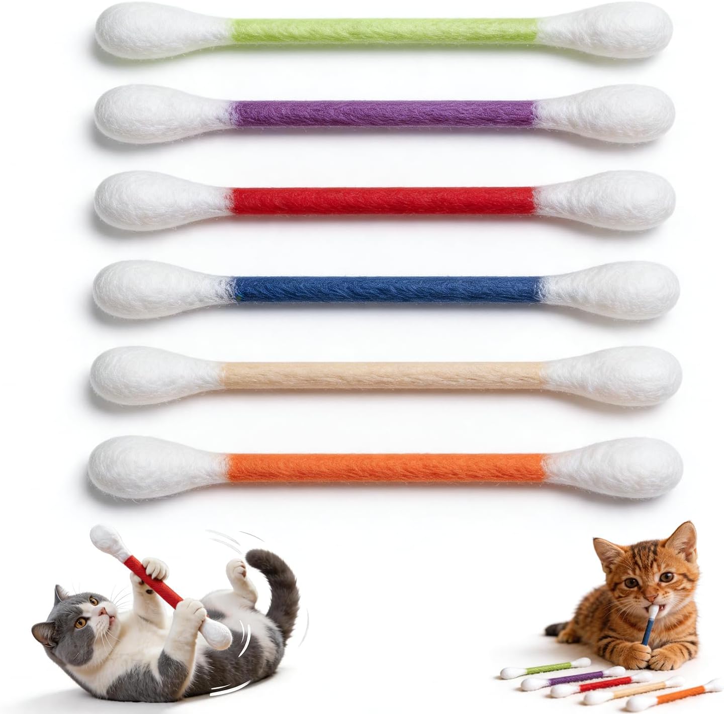 6-Pack Solid Cotton Swab Catnip Cat Toys - Giant Qtip Chew Toy, Teething Ropes, Durable Felt Kitty Kicker for Boredom Relief & Interactive Play
