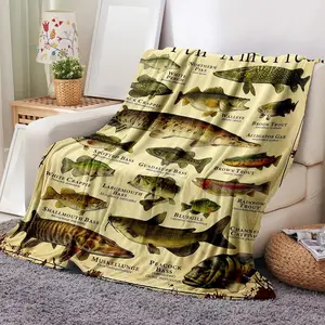 Cozy Fish Pattern Flannel Fleece Throw Blanket - Lightweight, Warm & Soft Plush Blanket for Sofa, Bed, Travel & Office - Unique Outdoor Decor & Perfect Father's Day Gift