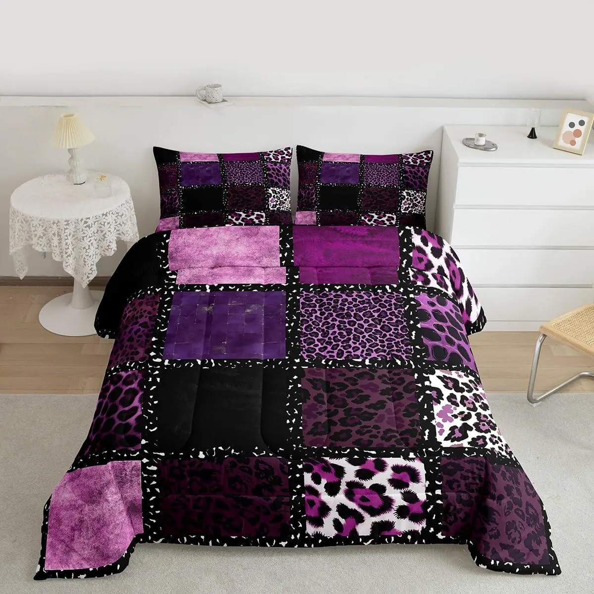 Pink Leopard Print Comforter Set for Kids Boys Girls,Animal Skin Texture Bedding Set,Patchwork Geometric Duvet Insert,Farmhouse Bed Set for All Season