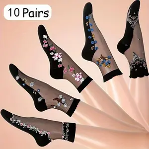 Vibrant Floral Patterned Glass Socks - 10 Pairs Soft Breathable Mid Tube Socks for Women Comfortable Casual Attire Work or Special Occasions Spring Summer