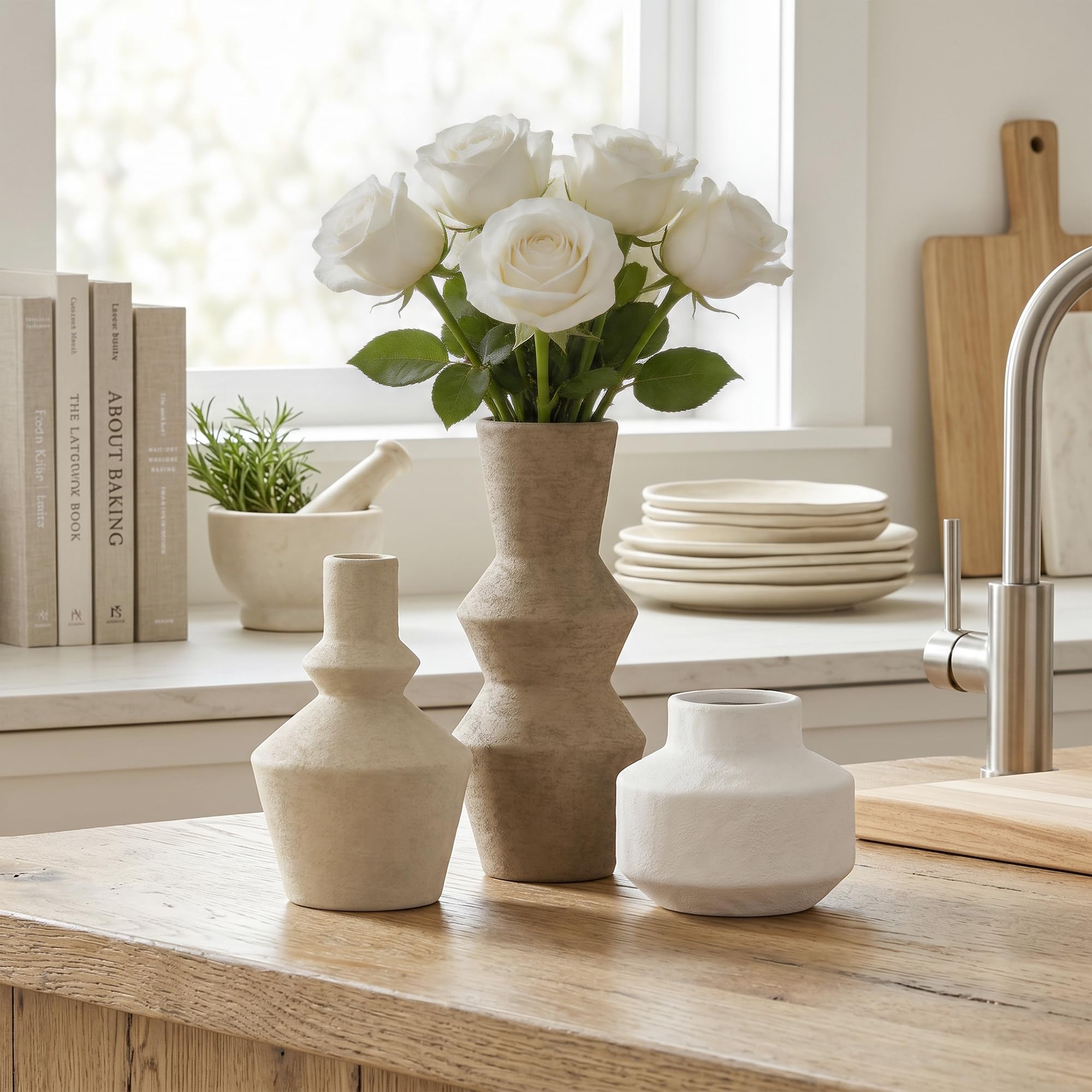 Ivydale Ceramic Vase Set of 3, Modern Rustic Flower Vases for Pampas Grass, Dried & Fresh Flowers, Farmhouse Home Decor Vase for Living Room Bedroom Kitchen Shelf Centerpiece, Classic