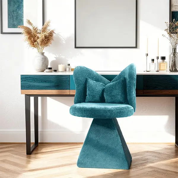 Makeup Vanity Chair with Butterfly Back and Bow Pillow, 360° Swivel Accent Chair, Vanity Stool Chairs with Chenille Fabric & Sturdy Base, for Dressing Table/Bedroom/Living Room/Home Office (Blue)