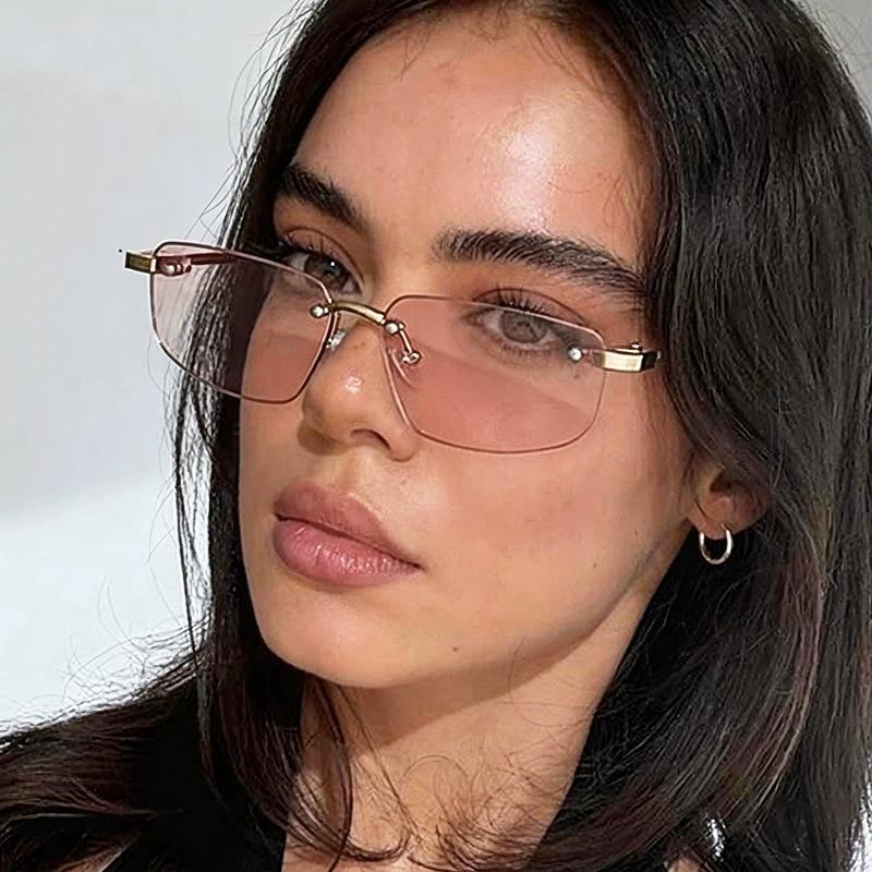 Edgy Rimless Rectangular Sunglasses - Sleek Metal Frame with Unique Hinge Accents, UV400 Protection Shades Perfect for Y2K Baddie Aesthetic and Minimalist Street Style Slays