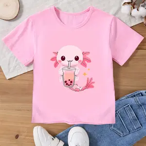 Kawaii Axolotl Drinking Tea, Adorable Tea Graphic Tee for Girls,Made from soft, skin-friendly cotton fabric, it's breathable and comfortable, perfect for everyday wear, playing, and traveling.