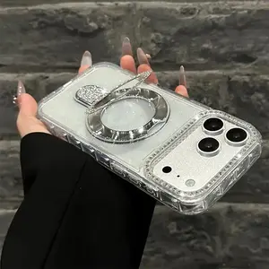 Glitter Kickstand Case for iPhone 17 Pro Max 17 Air 16 15 14 Plus 13 12, Bling Rhinestone Camera Frame, Matte Shockproof Clear Sparkle Phone Cover with Ring Holder for Women