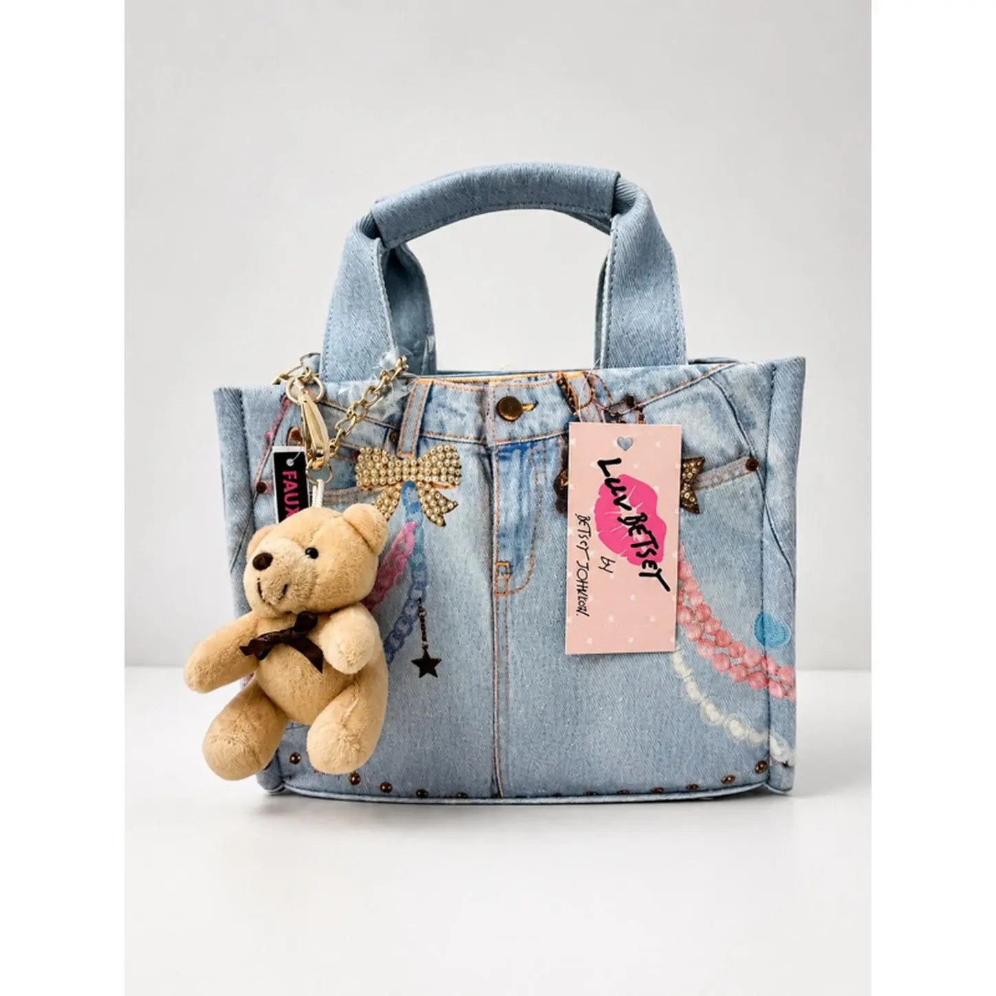Luv Betsey by Betsey Johnson Women's Casual Light Blue Denim Tote Bag - Gold-tone Hardware, Removable Shoulder Strap, Roomy Fit, Open Top, Logo Print, Ideal for Library Hauls - New with Tags